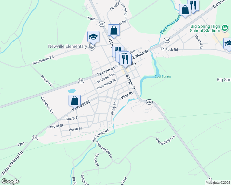 map of restaurants, bars, coffee shops, grocery stores, and more near 60 West Big Spring Avenue in Newville