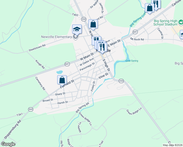 map of restaurants, bars, coffee shops, grocery stores, and more near 60 West Big Spring Avenue in Newville