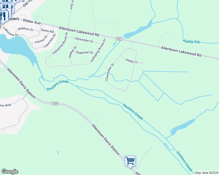 map of restaurants, bars, coffee shops, grocery stores, and more near 18 Clearwater Drive in Allentown