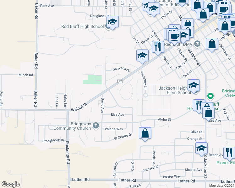 map of restaurants, bars, coffee shops, grocery stores, and more near 1476 Robinson Dr in Red Bluff