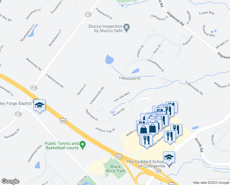 map of restaurants, bars, coffee shops, grocery stores, and more near 3 Iron Hill Way in Collegeville