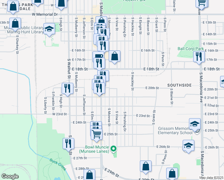 map of restaurants, bars, coffee shops, grocery stores, and more near 2702 South Monroe Street in Muncie