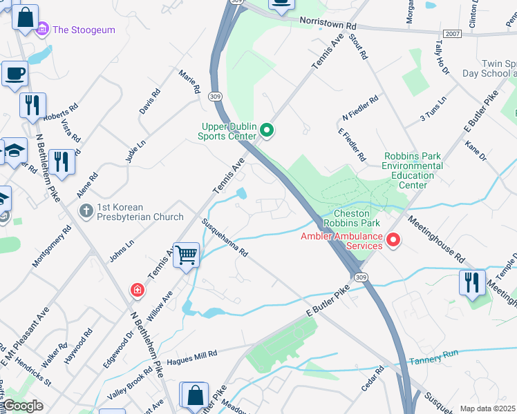 map of restaurants, bars, coffee shops, grocery stores, and more near 502 Seminole Gardens in Ambler