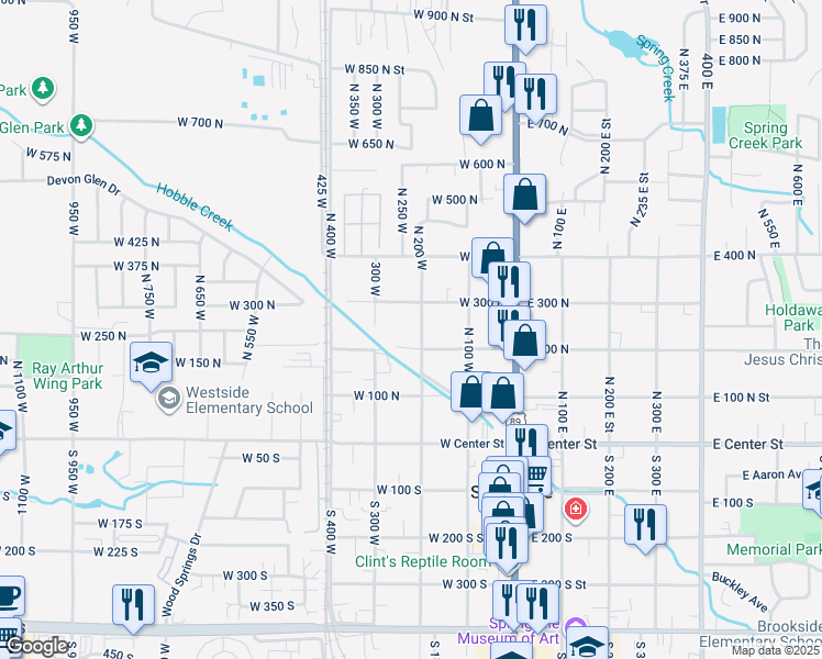 map of restaurants, bars, coffee shops, grocery stores, and more near 235 North 200 West in Springville