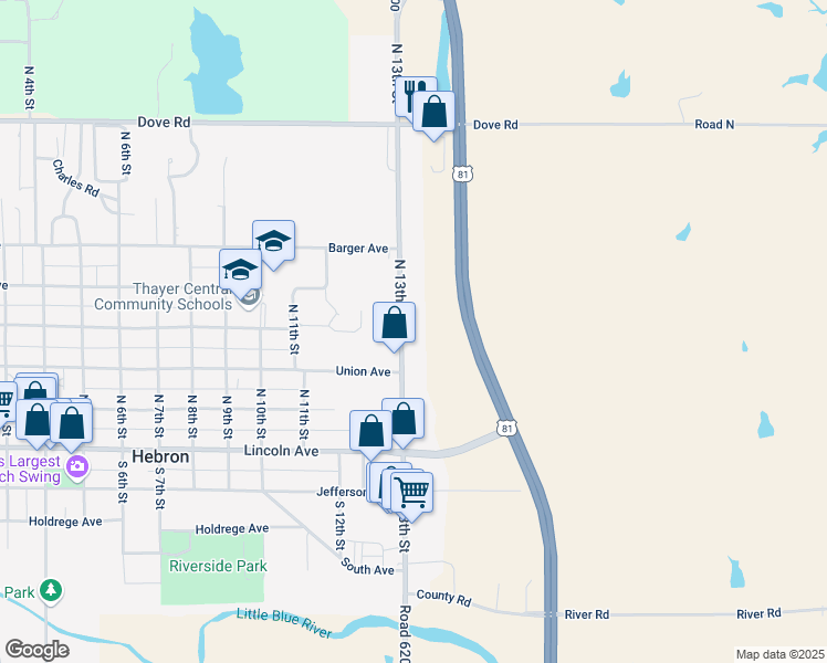map of restaurants, bars, coffee shops, grocery stores, and more near 334 North 13th Street in Hebron