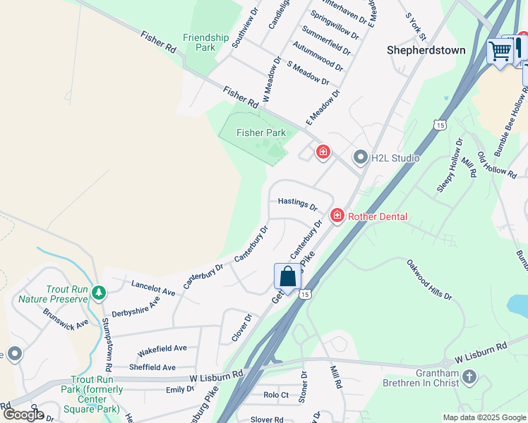 map of restaurants, bars, coffee shops, grocery stores, and more near 2214 Canterbury Drive in Mechanicsburg