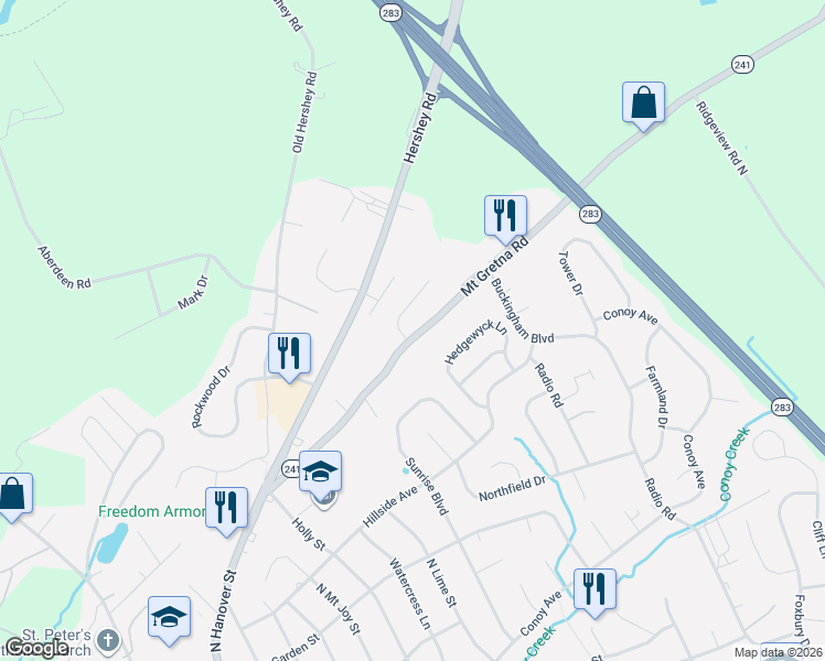 map of restaurants, bars, coffee shops, grocery stores, and more near 584 Mount Gretna Road in Elizabethtown