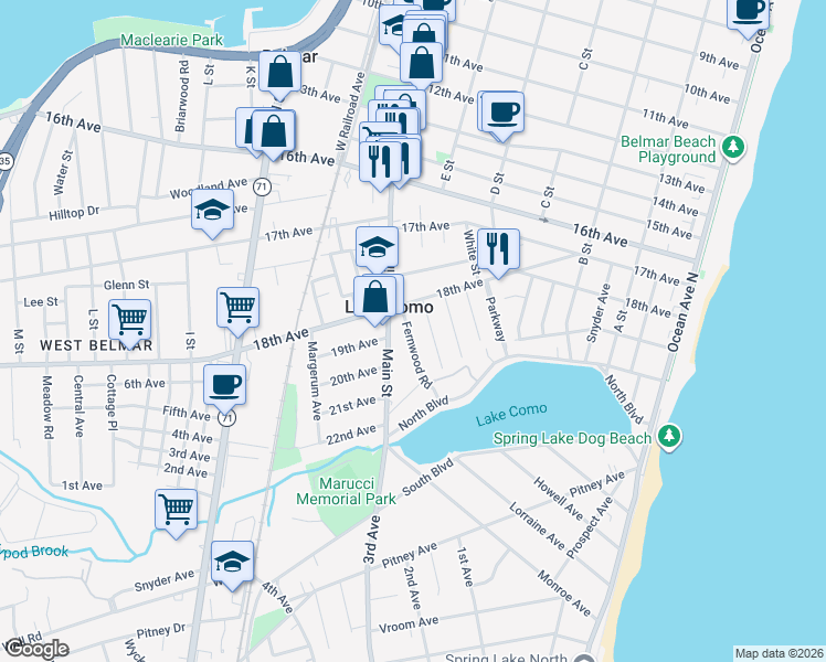 map of restaurants, bars, coffee shops, grocery stores, and more near 1818 Fernwood Road in Belmar