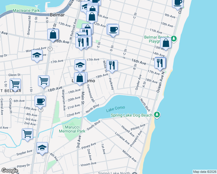 map of restaurants, bars, coffee shops, grocery stores, and more near 1837 Parkway in Belmar