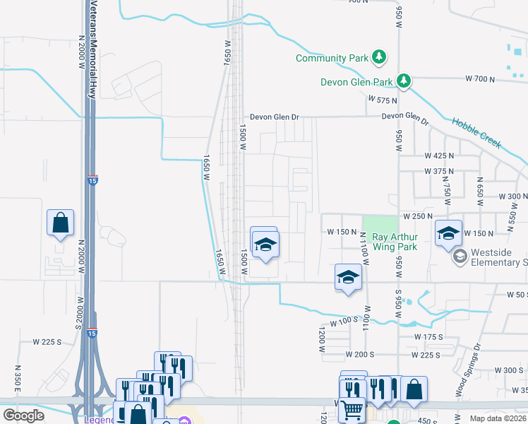 map of restaurants, bars, coffee shops, grocery stores, and more near 1438 West 275 North in Springville
