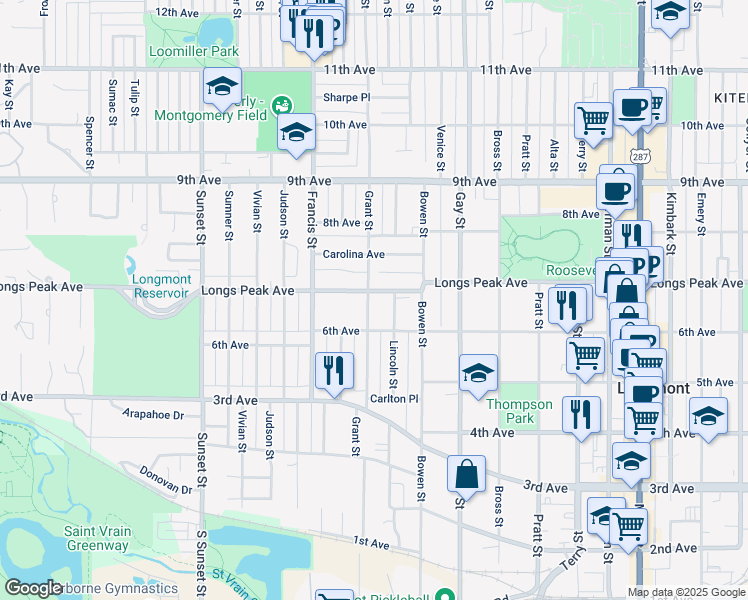 map of restaurants, bars, coffee shops, grocery stores, and more near 1245 Longs Peak Avenue in Longmont