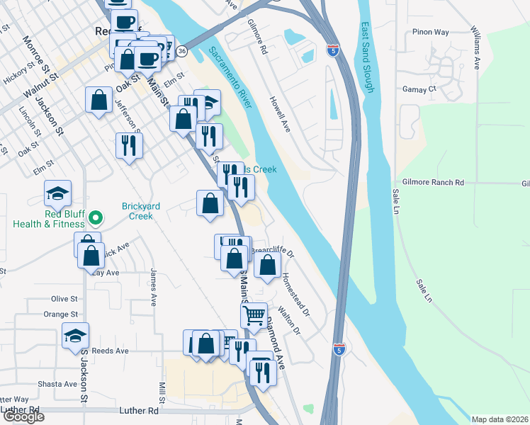 map of restaurants, bars, coffee shops, grocery stores, and more near in Red Bluff