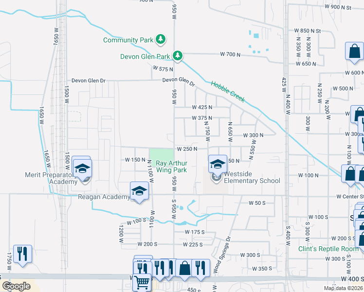map of restaurants, bars, coffee shops, grocery stores, and more near 272 950 West in Springville