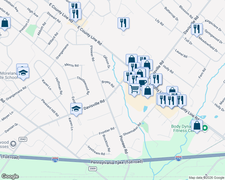 map of restaurants, bars, coffee shops, grocery stores, and more near 1770 Bryers Road in Hatboro