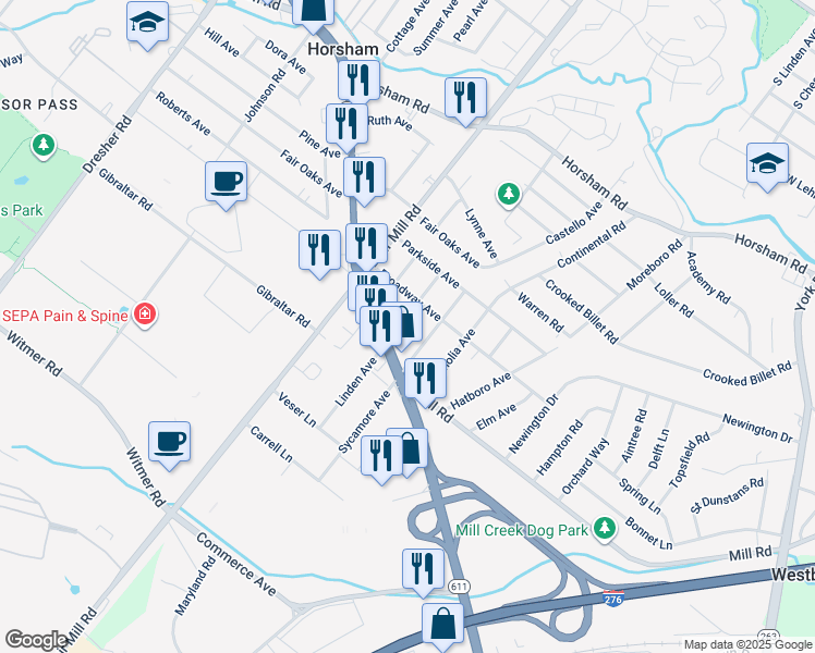map of restaurants, bars, coffee shops, grocery stores, and more near 1625 Linden Ave in Hatboro