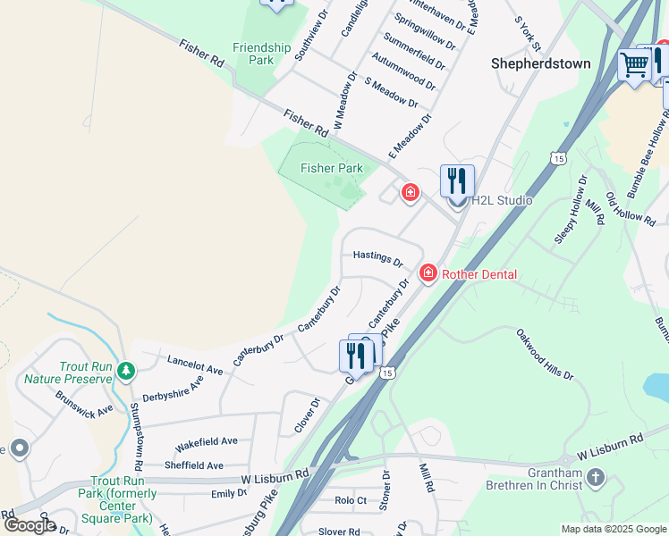 map of restaurants, bars, coffee shops, grocery stores, and more near 2214 Canterbury Drive in Mechanicsburg