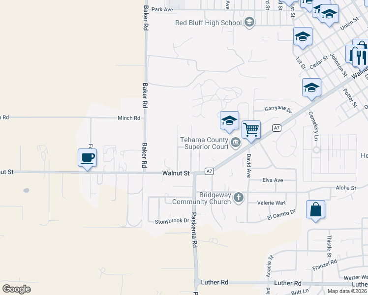 map of restaurants, bars, coffee shops, grocery stores, and more near Beau Lane in Red Bluff