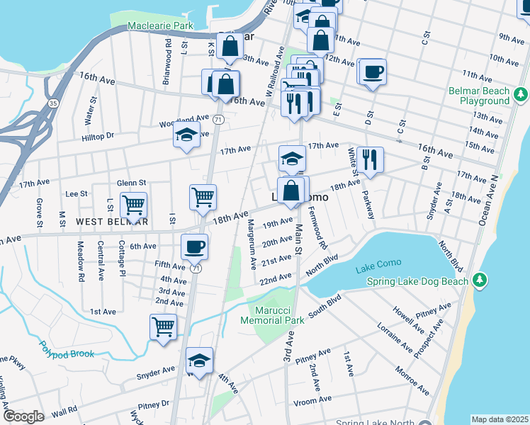 map of restaurants, bars, coffee shops, grocery stores, and more near 721 18th Avenue in Lake Como