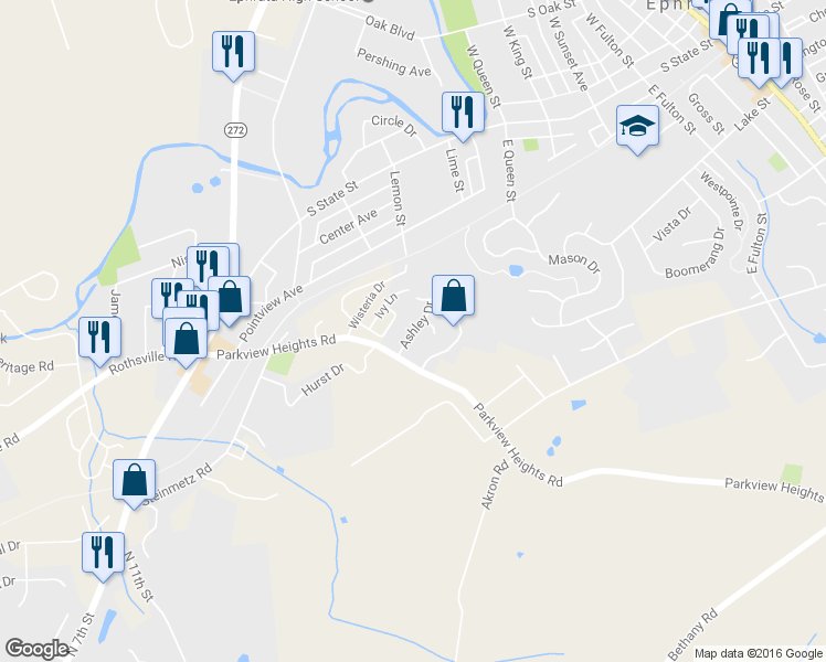 map of restaurants, bars, coffee shops, grocery stores, and more near 126 Ashley Drive in Ephrata
