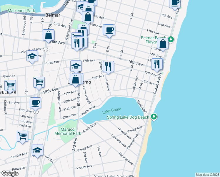 map of restaurants, bars, coffee shops, grocery stores, and more near 1837 Parkway in Belmar