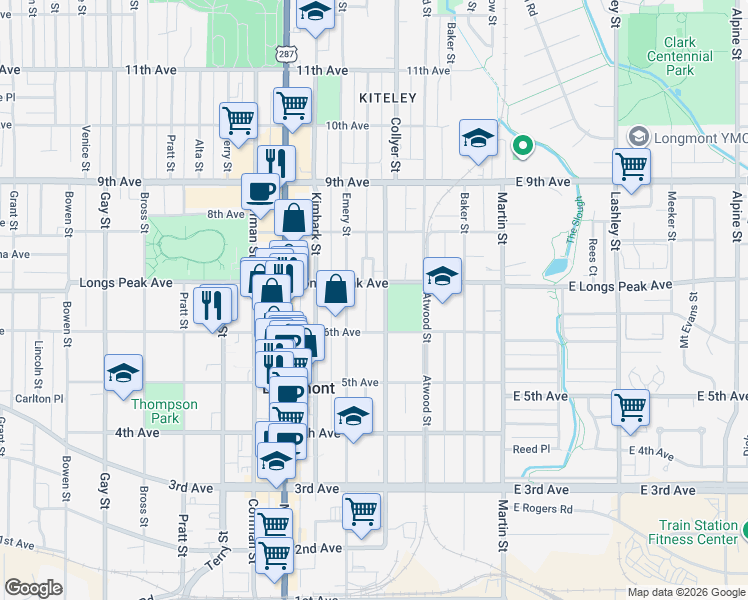 map of restaurants, bars, coffee shops, grocery stores, and more near 629 Collyer Street in Longmont