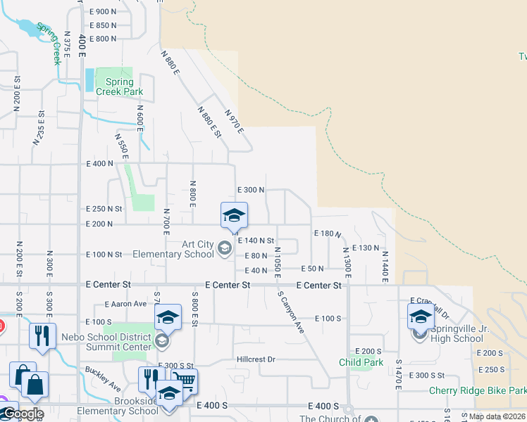 map of restaurants, bars, coffee shops, grocery stores, and more near 255 North 1040 East Street in Springville