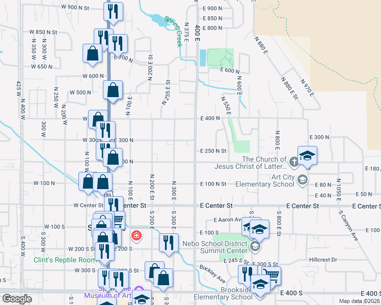 map of restaurants, bars, coffee shops, grocery stores, and more near 410 East 250 North in Springville
