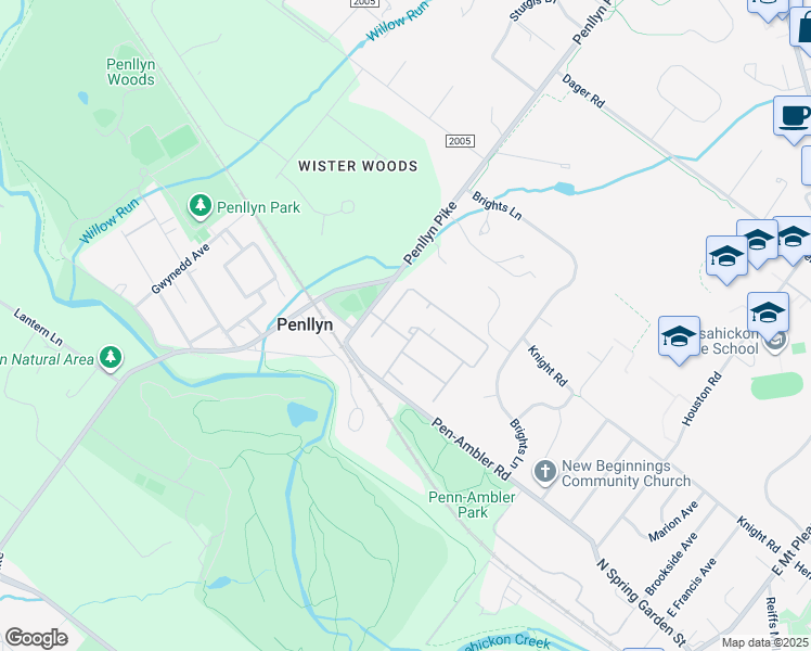 map of restaurants, bars, coffee shops, grocery stores, and more near 127 Stafford Drive in Penllyn
