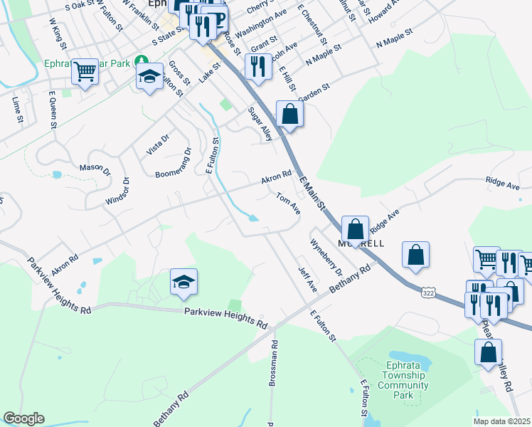map of restaurants, bars, coffee shops, grocery stores, and more near 124 Julie Ann Court in Ephrata