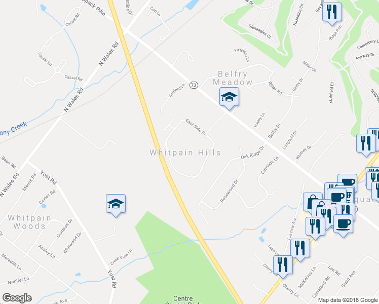 map of restaurants, bars, coffee shops, grocery stores, and more near 1411 Whitpain Hills in Blue Bell