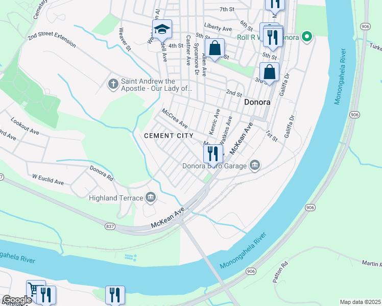 map of restaurants, bars, coffee shops, grocery stores, and more near 100 Brokaw Avenue in Donora