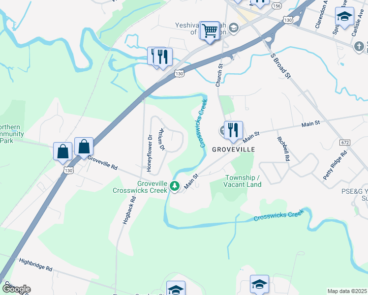 map of restaurants, bars, coffee shops, grocery stores, and more near 93 Honeyflower Drive in Trenton