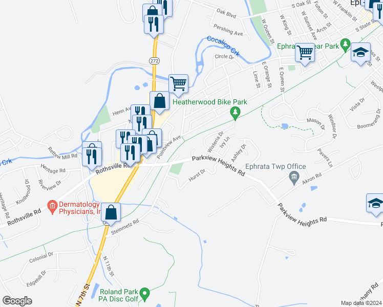 map of restaurants, bars, coffee shops, grocery stores, and more near Parkview Terrace in Ephrata