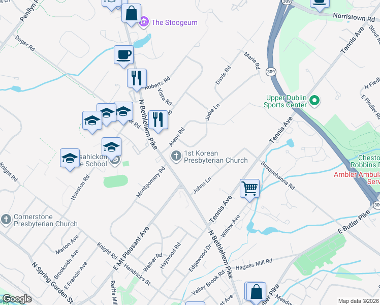 map of restaurants, bars, coffee shops, grocery stores, and more near 708 Judie Lane in Spring House