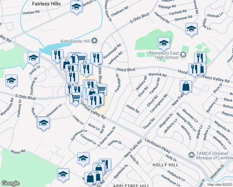 map of restaurants, bars, coffee shops, grocery stores, and more near 724 Fairbridge Drive in Fairless Hills