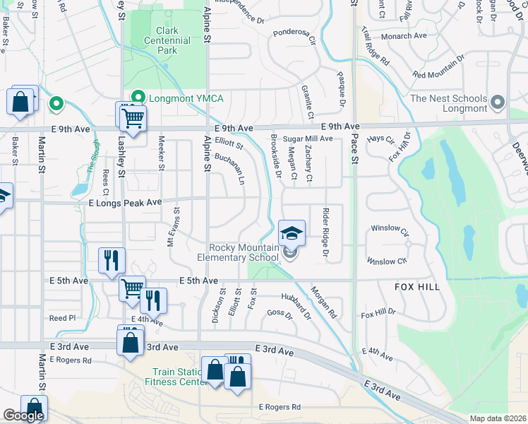 map of restaurants, bars, coffee shops, grocery stores, and more near 650 Elliott Street in Longmont