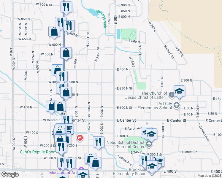 map of restaurants, bars, coffee shops, grocery stores, and more near 410 East 250 North in Springville