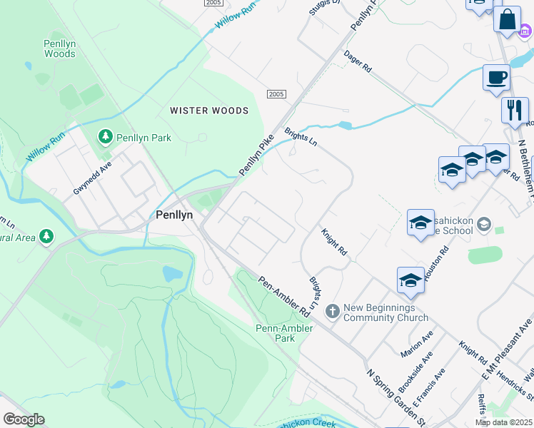 map of restaurants, bars, coffee shops, grocery stores, and more near 174 Albemarle Drive in Penllyn