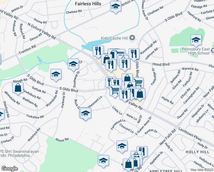 map of restaurants, bars, coffee shops, grocery stores, and more near 224 Chilton Way in Fairless Hills