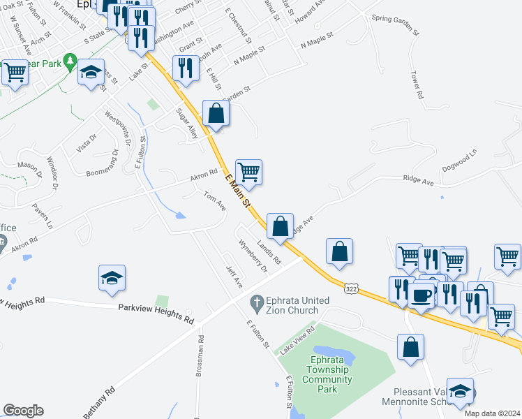 map of restaurants, bars, coffee shops, grocery stores, and more near 670 E Main St in Ephrata