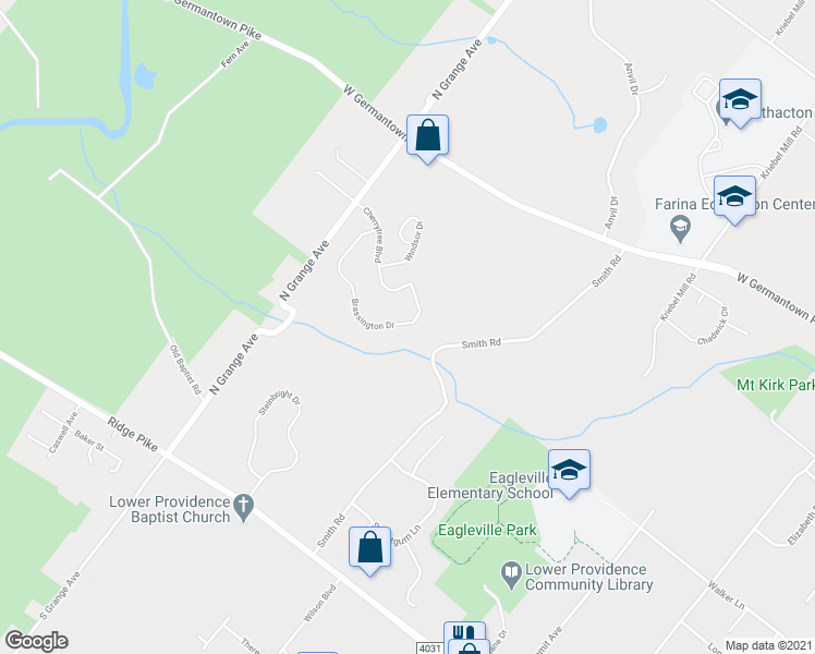 map of restaurants, bars, coffee shops, grocery stores, and more near 1030 Brassington Drive in Collegeville