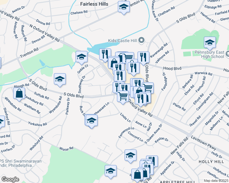 map of restaurants, bars, coffee shops, grocery stores, and more near 224 Chilton Way in Fairless Hills