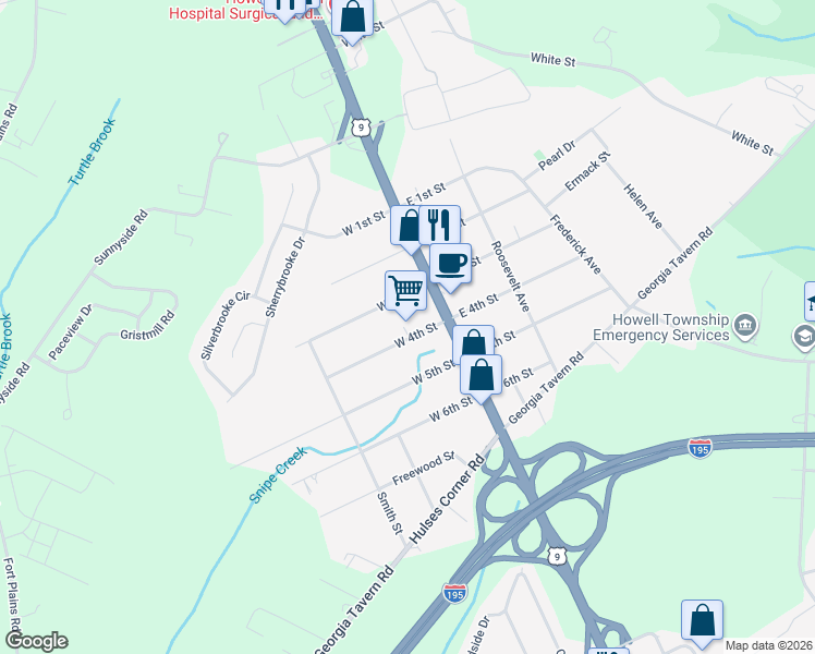 map of restaurants, bars, coffee shops, grocery stores, and more near 116 West 4th Street in Howell