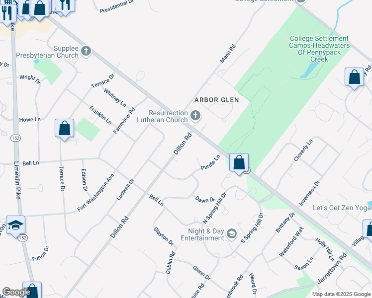 map of restaurants, bars, coffee shops, grocery stores, and more near 1861 Dillon Road in Maple Glen