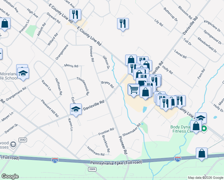 map of restaurants, bars, coffee shops, grocery stores, and more near 1770 Bryers Road in Hatboro