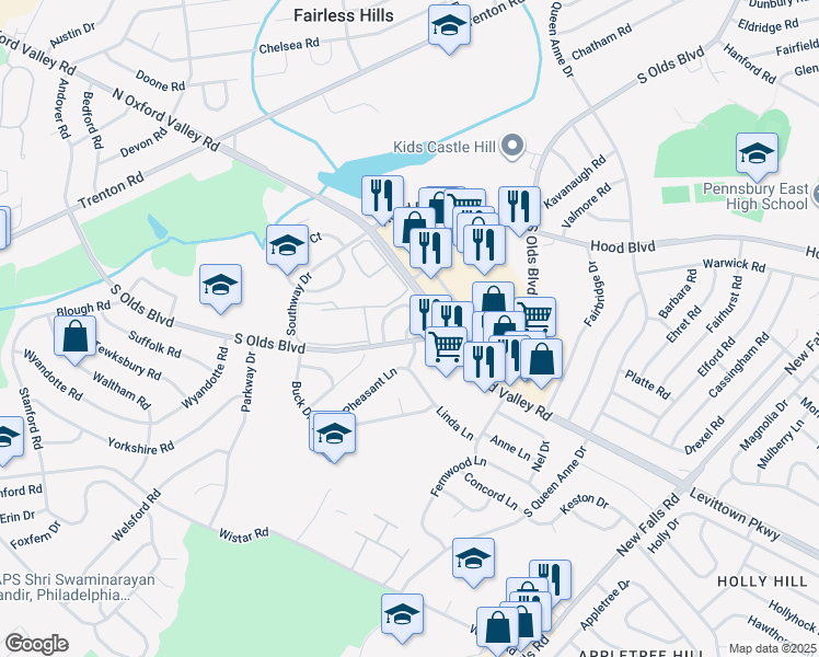 map of restaurants, bars, coffee shops, grocery stores, and more near 226 Chilton Way in Fairless Hills