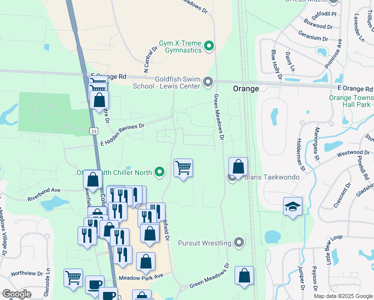 map of restaurants, bars, coffee shops, grocery stores, and more near 644 Spring Valley Drive in Lewis Center