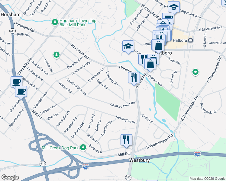 map of restaurants, bars, coffee shops, grocery stores, and more near 108 Loller Road in Hatboro