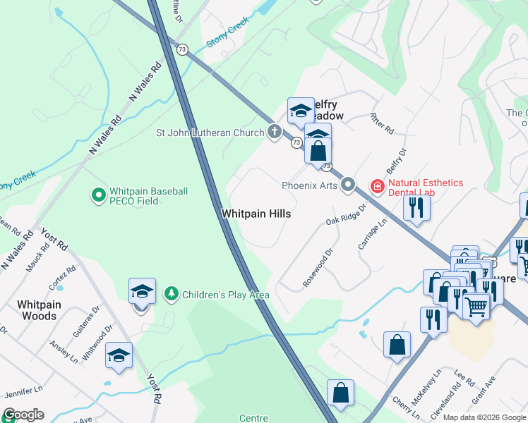 map of restaurants, bars, coffee shops, grocery stores, and more near 1604 Whitpain Hills in Blue Bell