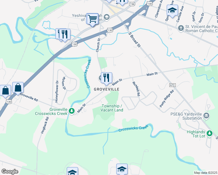 map of restaurants, bars, coffee shops, grocery stores, and more near in Groveville